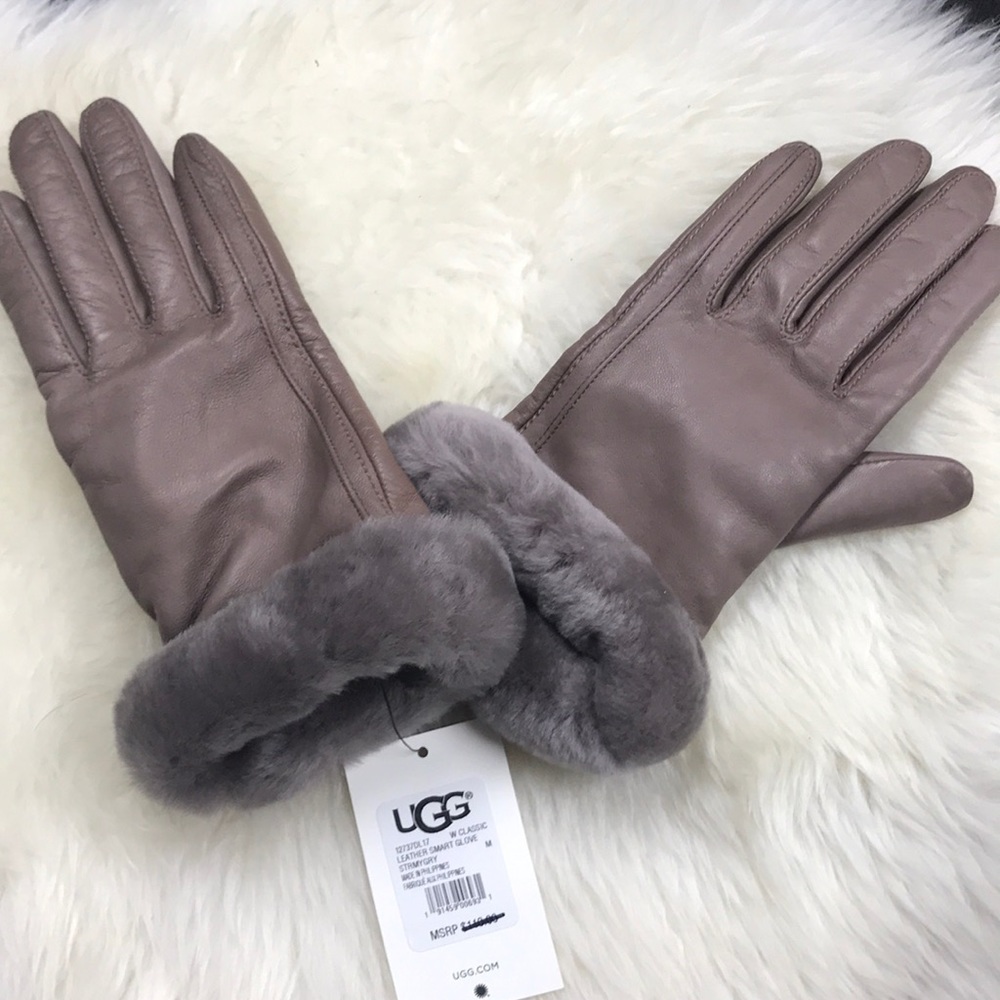 UGG Fur Trimmed Smart Stormy Gray Leather Gloves